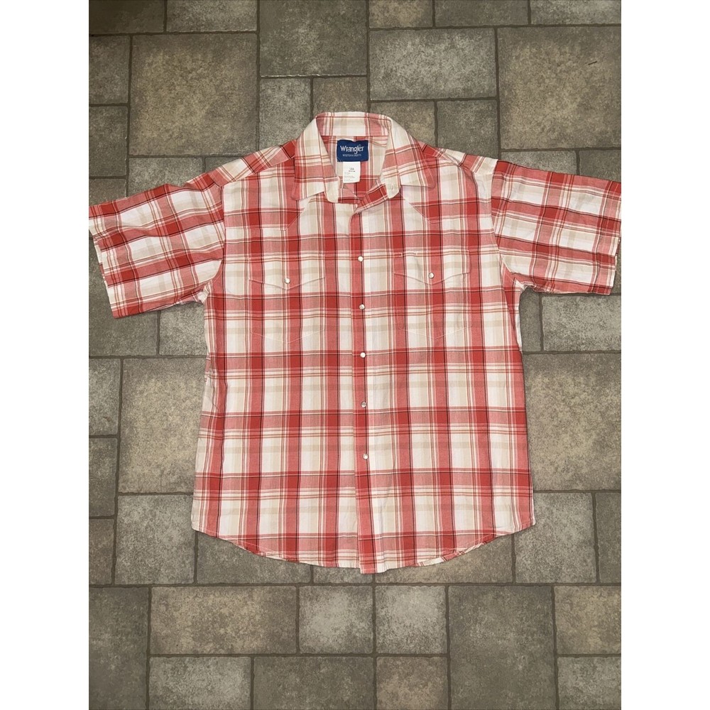 Vintage Wrangler Western Shirt Men’s Size Large Pearl Snaps Orange Plaid